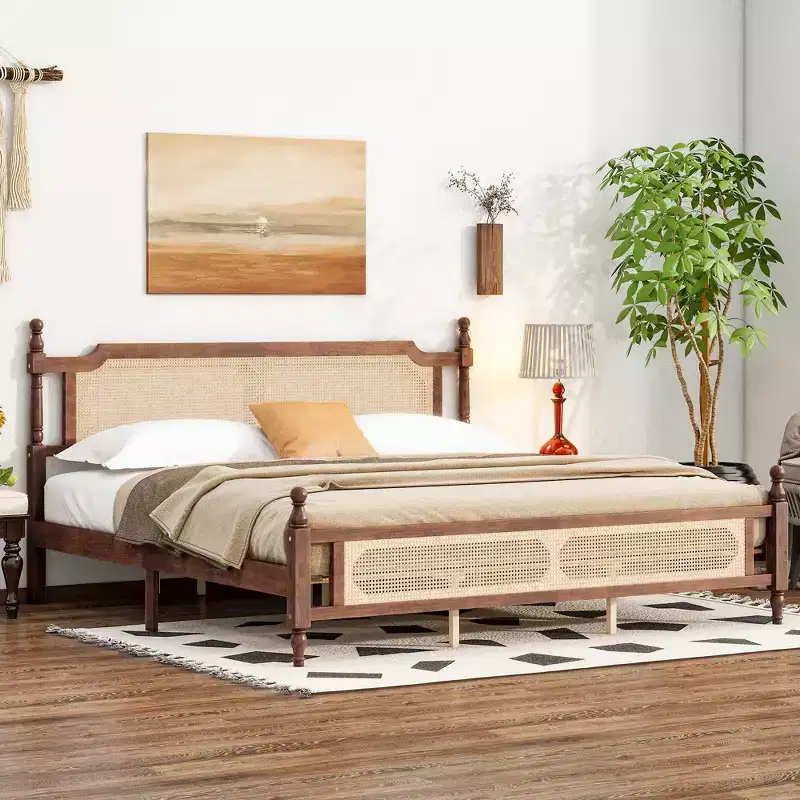 MAYEERTY King Pine Wooden Bed with Rattan Headboard and Footboard Brown