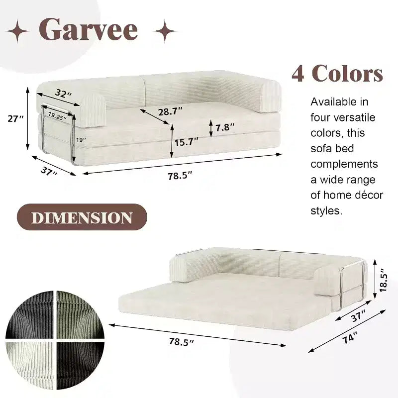 Convertible Corduroy Sleeper Sofa Bed, Folding Mattress Couch, No Assembly Floor Couch, 3 Seater Fold Out King Size Futon, Modular Sofa Bed