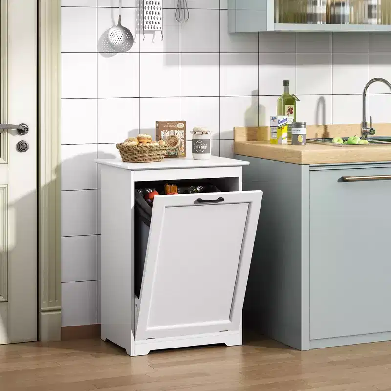 Sandinrayli 10 Gal. Tilt Out Trash Cabinet Laundry Hamper Kitchen Wooden Trash Can Holder Garbage Bin With Angle Adjustable Door