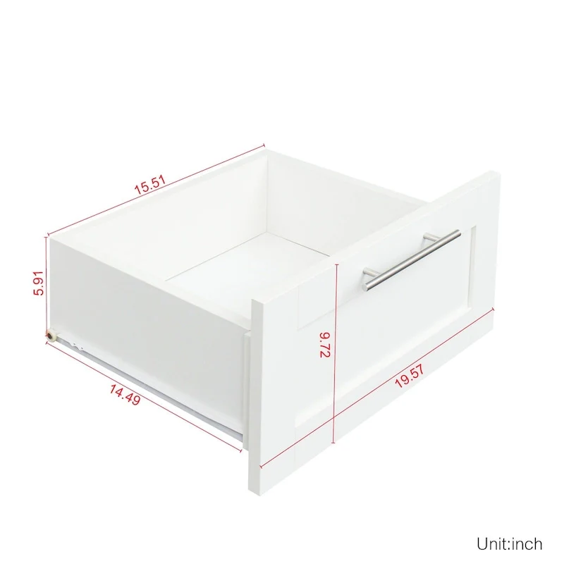 Armoire-penderie en bois blanc avec portes, tiroirs et tringle.