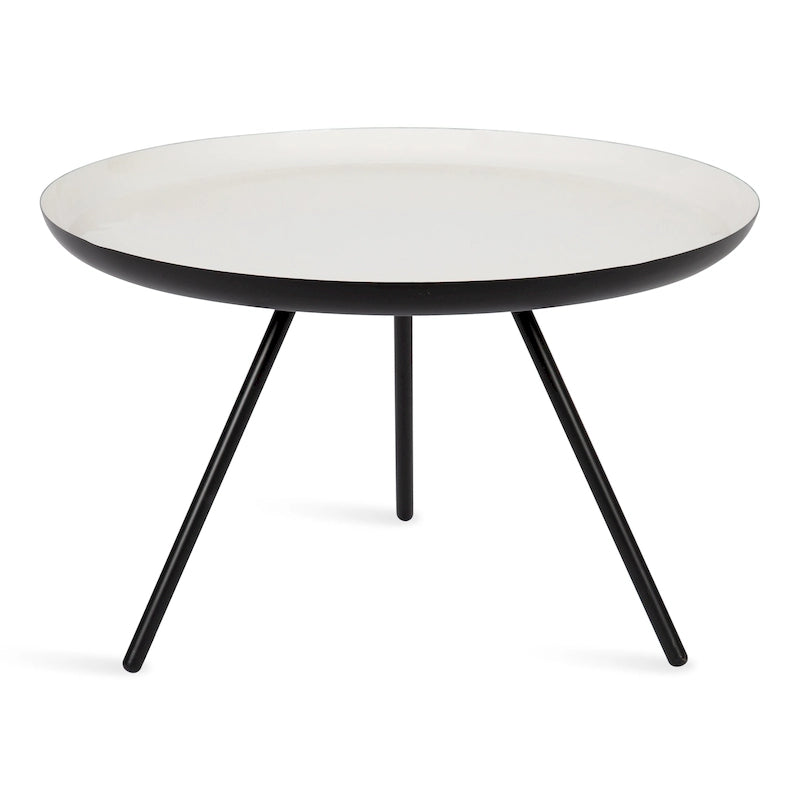 Round Metal Coffee Table with Tripod Legs White Black Two-Tone Enamel Finish