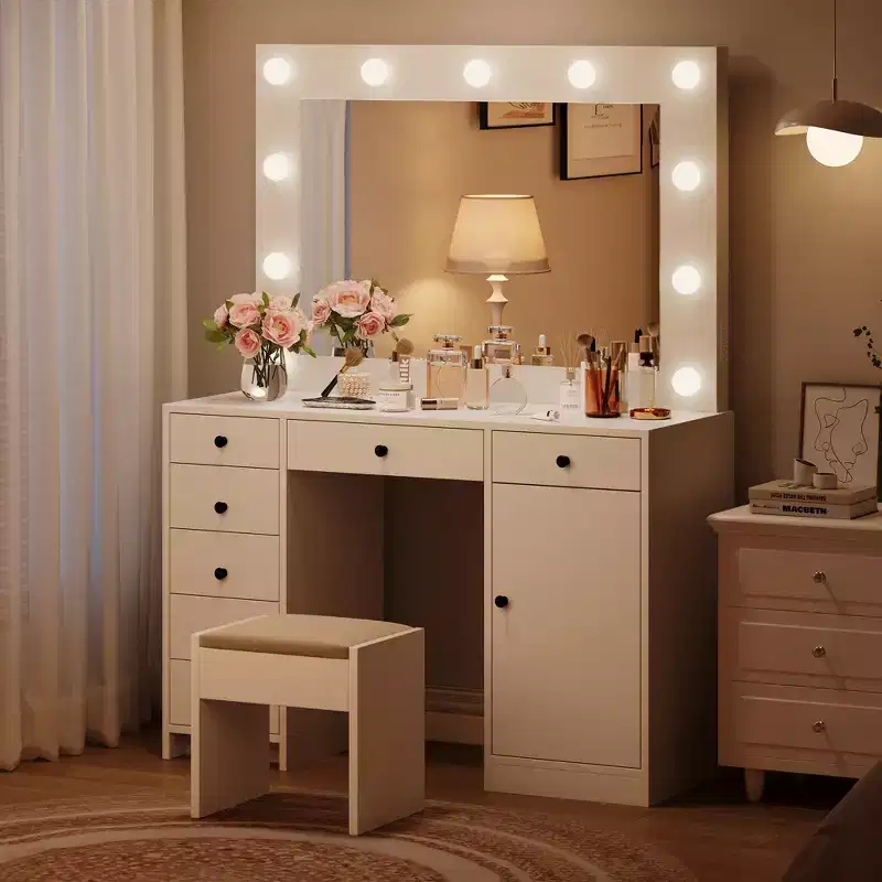 Vanity Desk with Mirror and Light, Makeup Vanity Table with Charging Station, 7 Storage Drawers, 1 Cabinet, 3 Color Lighting Modes