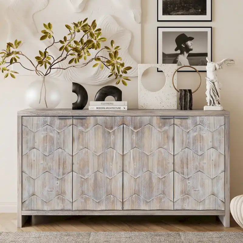 Farmhouse Style 4-Door Wooden Accent Cabinet Sideboard