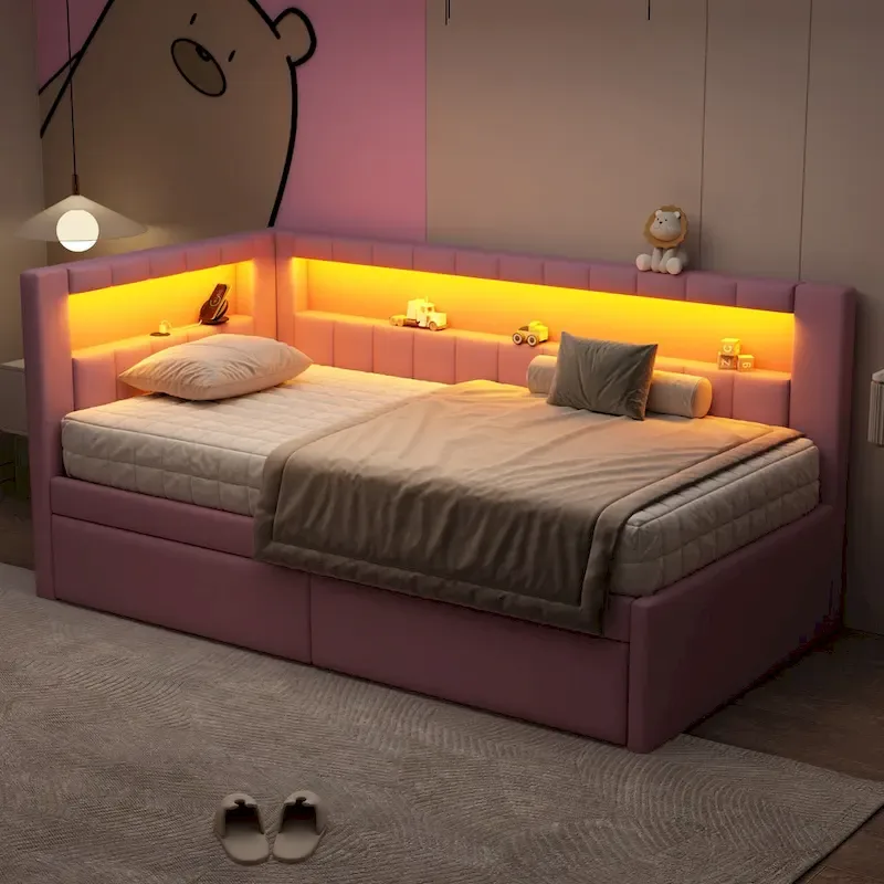 Lit plateforme rembourré avec ports USB et éclairage LED - Cadre de lit double/simple avec 2 tiroirs de rangement - Chambre moderne