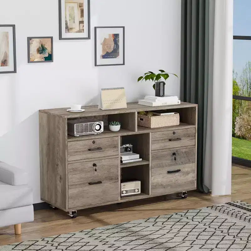VINGLI Wide 4 Drawer File Cabinet with Lock, Rustic Grey Rolling File Cabinet with Open Shelves, Lockable Printer Stand