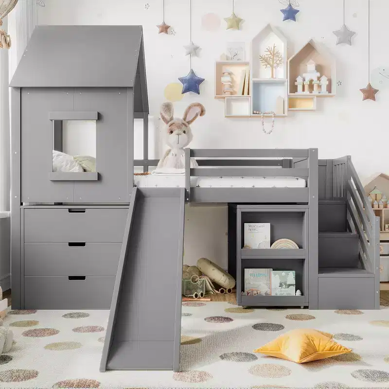Wood Twin Loft Bed with Slide, Removable Desk & Storage Stairs