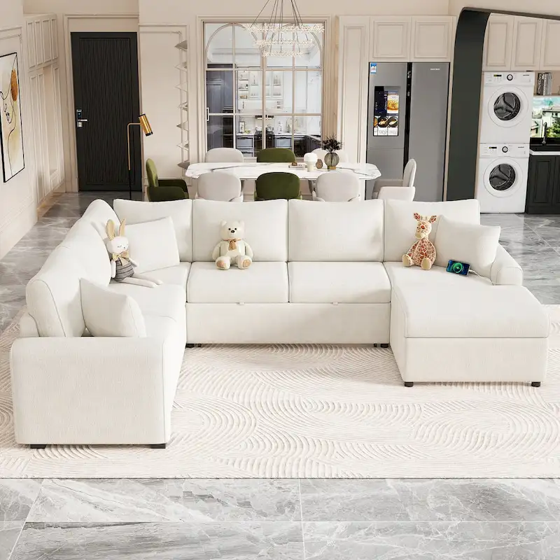 Chenille Sectional Sofa Pull-out Sofa Bed, L-Shape Sleeper Sofa with Storage Ottoman, 3 Pillows and Charging Devices