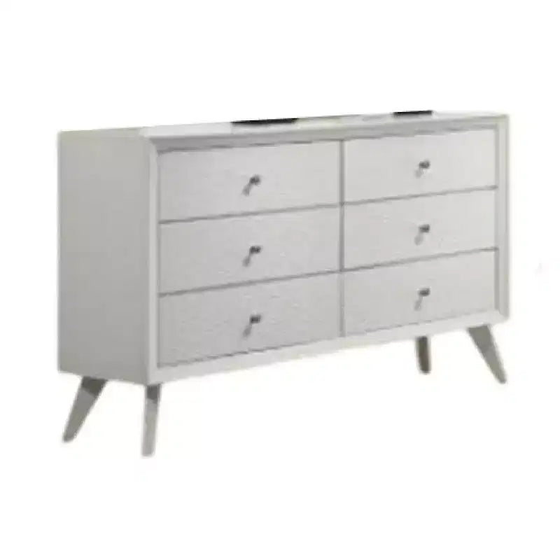Royal Hampton Wide Dresser, 6 Drawers w Bronze Knobs, Textured White Wood