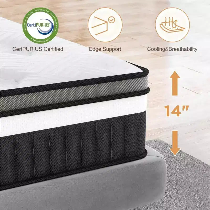 King Mattress, Medium Firm 14 Gel Memory Foam Mattress, CertiPUR-US Certified