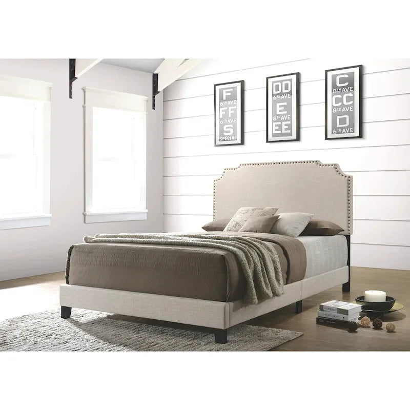 Beige/Black/Green Upholstered Platform Bed with Nailhead Trim �C Full/Queen (1-Person) & King (2-Person)
