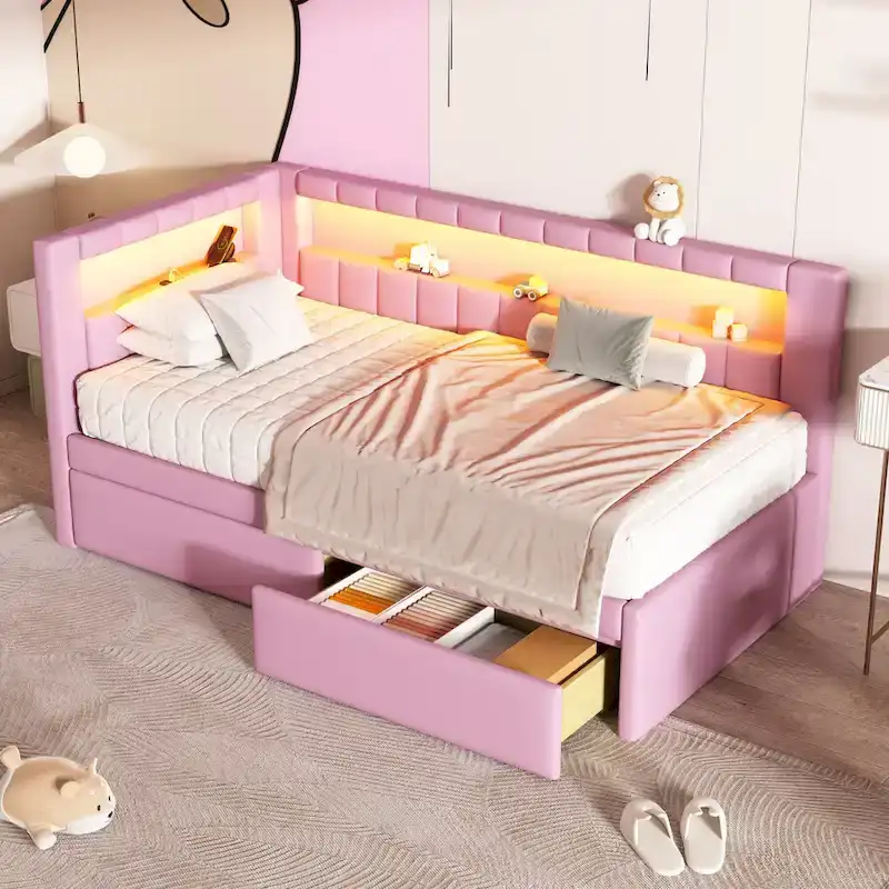 Lit plateforme rembourré avec ports USB et éclairage LED - Cadre de lit double/simple avec 2 tiroirs de rangement - Chambre moderne