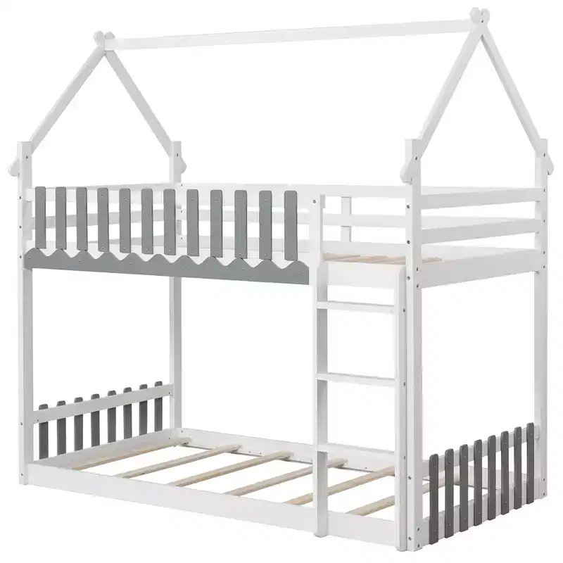 Costway Twin Over Twin Bunk Bed w/ Fence & Ladder Solid Wood Floor Bunk Bed for Kids White