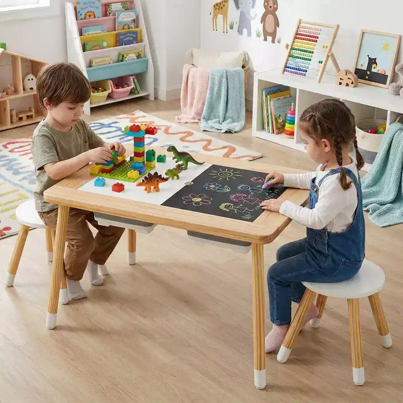 Sensory Table with 2 Stools, Detachable Double-Sided Tabletops & 2 Storage Bins