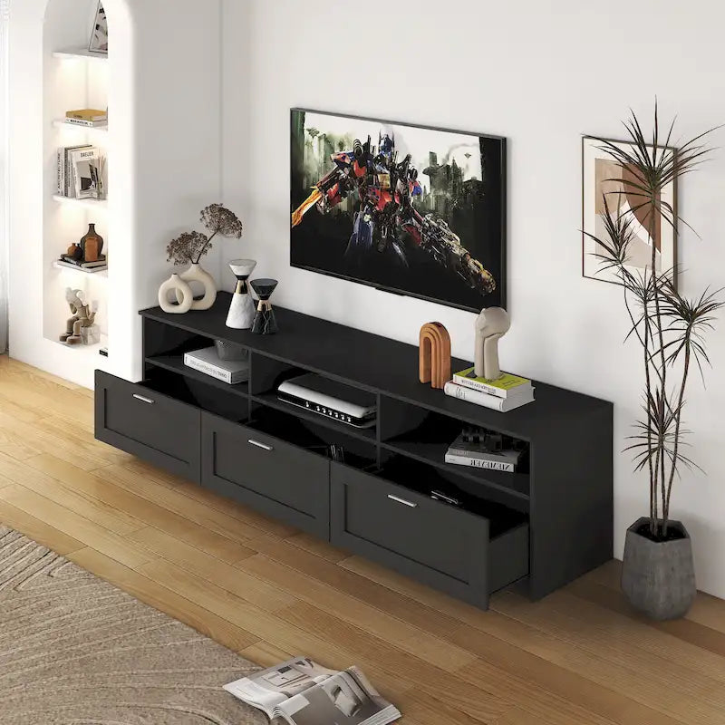 70.87 TV Stand | 3 Open Shelves & 3 Drawers | Black | High-Density Board | Fits 80 TV