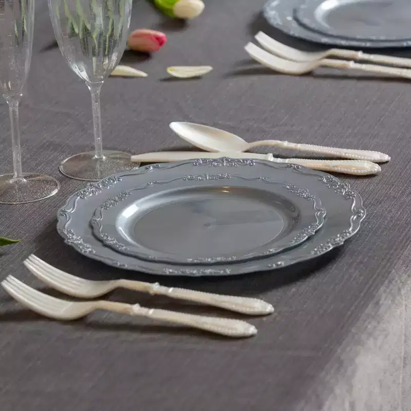 Posh Setting 60 Piece Silver Round Plastic Dinnerware Value Set - Casual