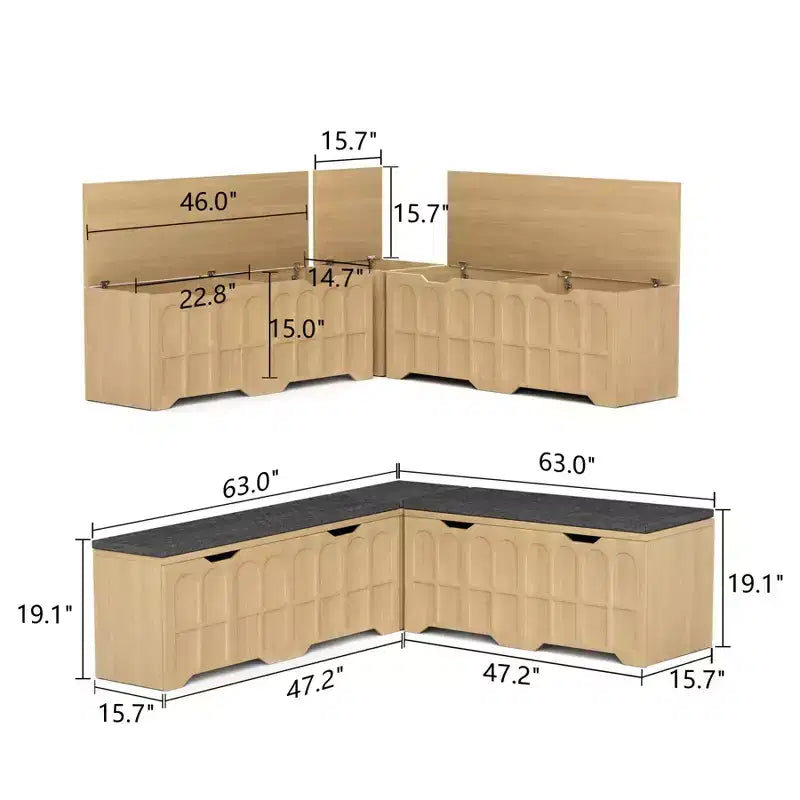 L Shaped Corner Bench with Storage, Kitchen Breakfast Nook Bench with Removable Cushion, Wooden Backless Bench for Dining Room, Entryway