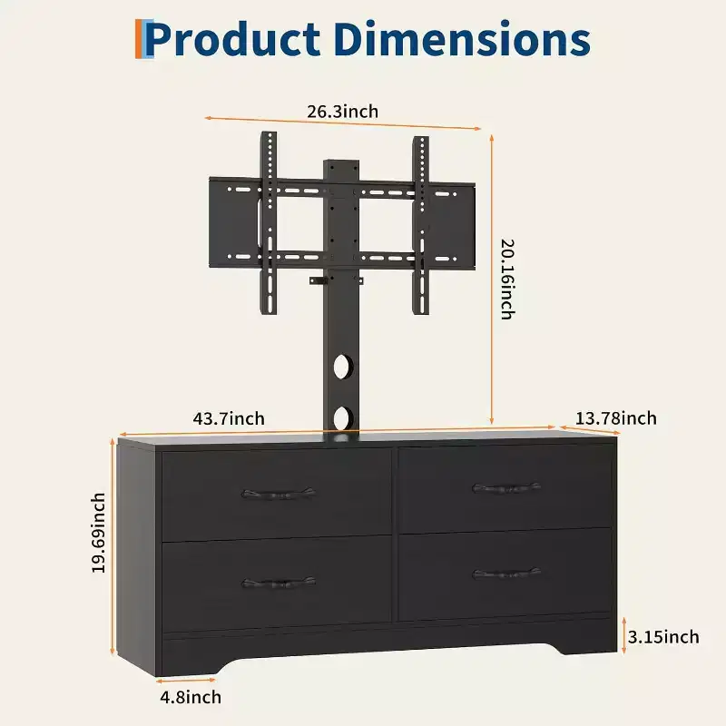 TV Stand with Mount for 32-75 Inch TVs, Modern Media Console Table with 4 Large Drawers, White Dresser Entertainment Center with Storage