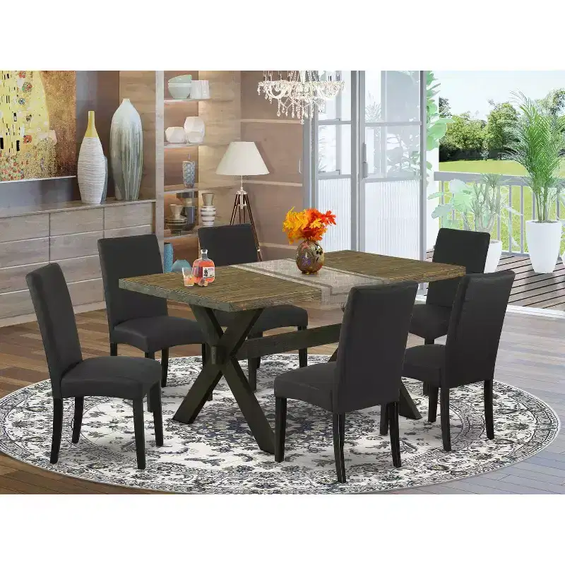 HomeStock 7-Piece Natural Oak Finish Solid Wood Top Dining Table with 6 Chairs