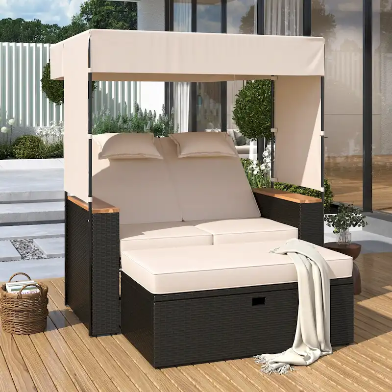 2-Piece Outdoor Rattan 5 Positions Daybed with Bench & Cushions