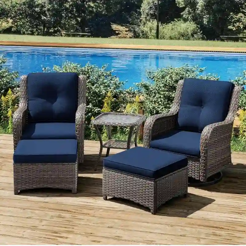 5-Piece Wicker Patio Set  Includes 2 Swivel Rocking Chairs, 2 Ottomans & 1 Side Table  Rattan Outdoor Sectional For Porch.