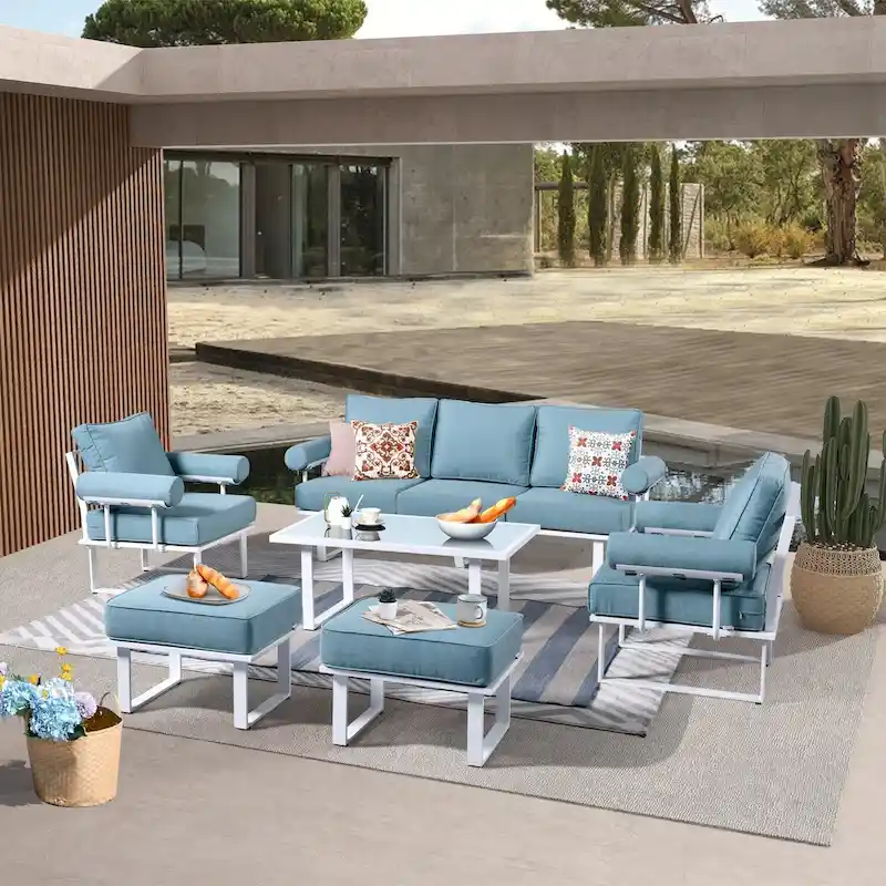 OVIOS 6-piece Outdoor Aluminum Frame Ottoman Removable Cushion Sectional Set