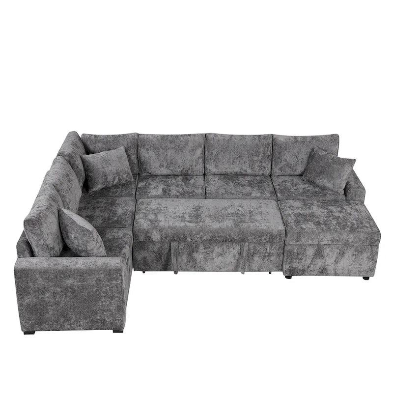 Chenille Sectional Sofa Pull-out Sofa Bed, L-Shape Sleeper Sofa with Storage Ottoman, 3 Pillows and Charging Devices