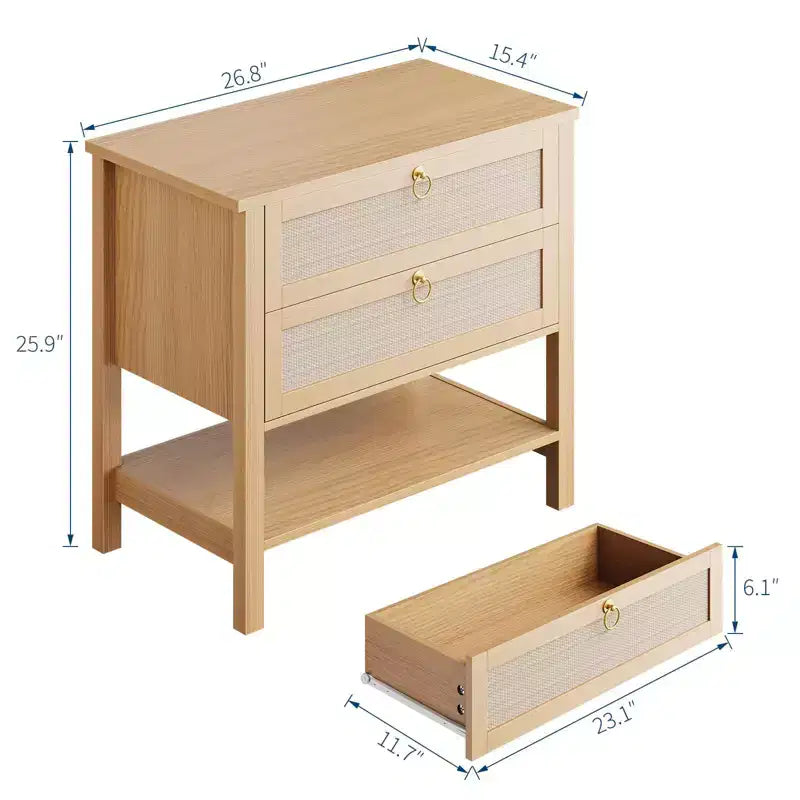 Set of 2 Rattan Night Stand,Boho Nightstand with 2 Drawers and Storage Shelf, Modern Farmhouse Nightstand, Side Tables for Living Room, Bedroom