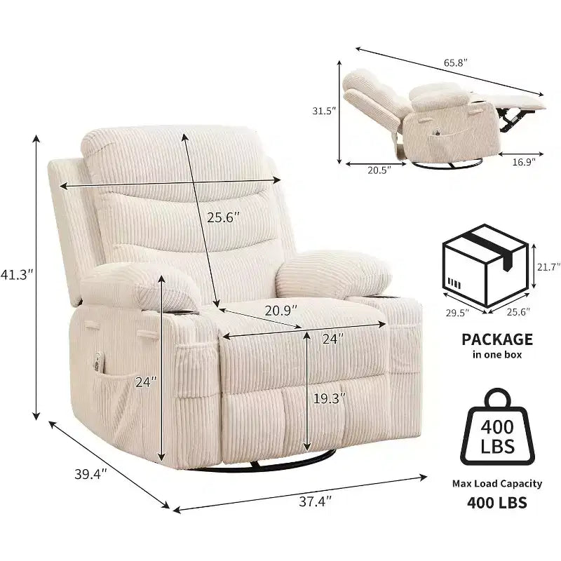 Swivel Rocker Chair Small Rocking Recliner for Small Spaces, Upholstered Fabric Glider Chair with Side Pockets Cup Holder, Massage and Heat Recliner