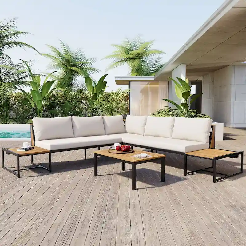 4 Pcs Outdoor Sofa Set with Waterproof Cushions, Patio Furniture Set with Coffee Table, Corner Chair and 2 Loveseats