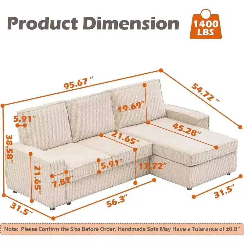 L-Shaped Modular Sectional Sofa, Deep Seated Cloud Couch, Modern Beige Corduroy Couch with Chaise, Convertible Sofa Lounge
