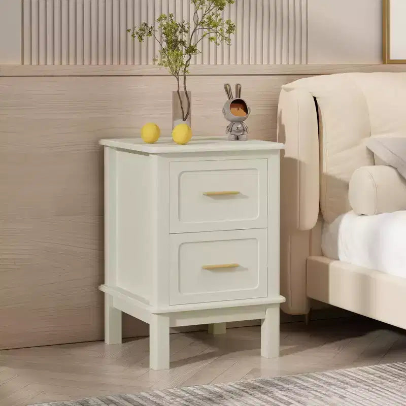 Modern Nightstand with 2 Drawers, Cream White Bedside Table with Gold Handles, Compact Wood Accent Table for Small Spaces