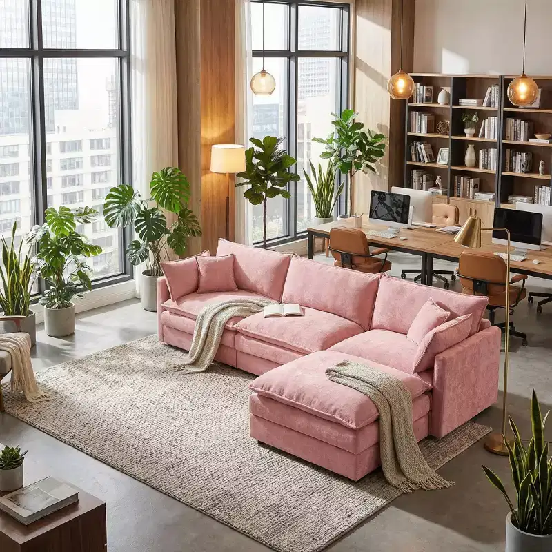 FurnitureR 102 Upholstered Modular Sectional Sofa with Reversible Ottoman, Deep Seat L-Shaped Couch with Throw Pillows for Living Room