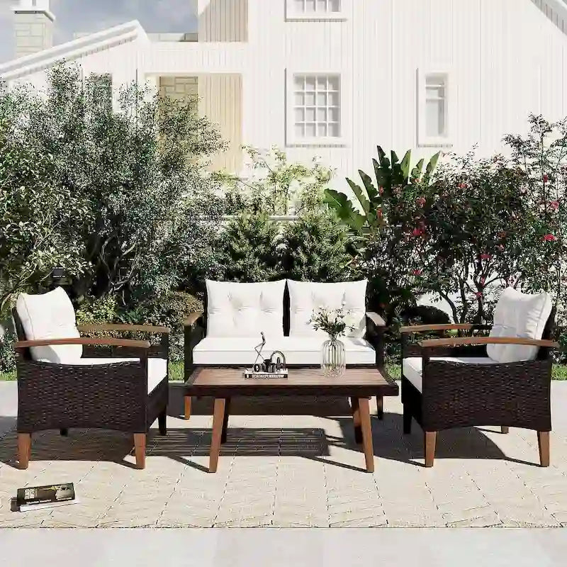 4 Piece Outdoor Patio Conversation Set, Double Sofa with 2 Single Sofas and Coffee Table