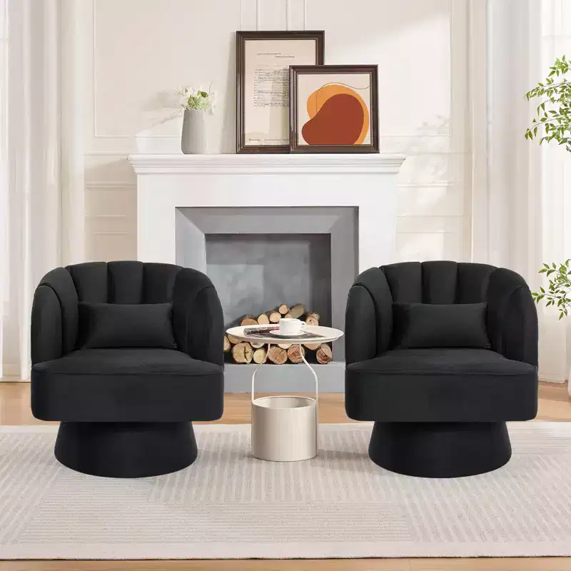 Modern Swivel Barrel Accent Chair, 360 Degree Velvet Upholstered Armchair with Striped Backrest & Plush Padding, Comfy Round Lounge Chair 2 PCS