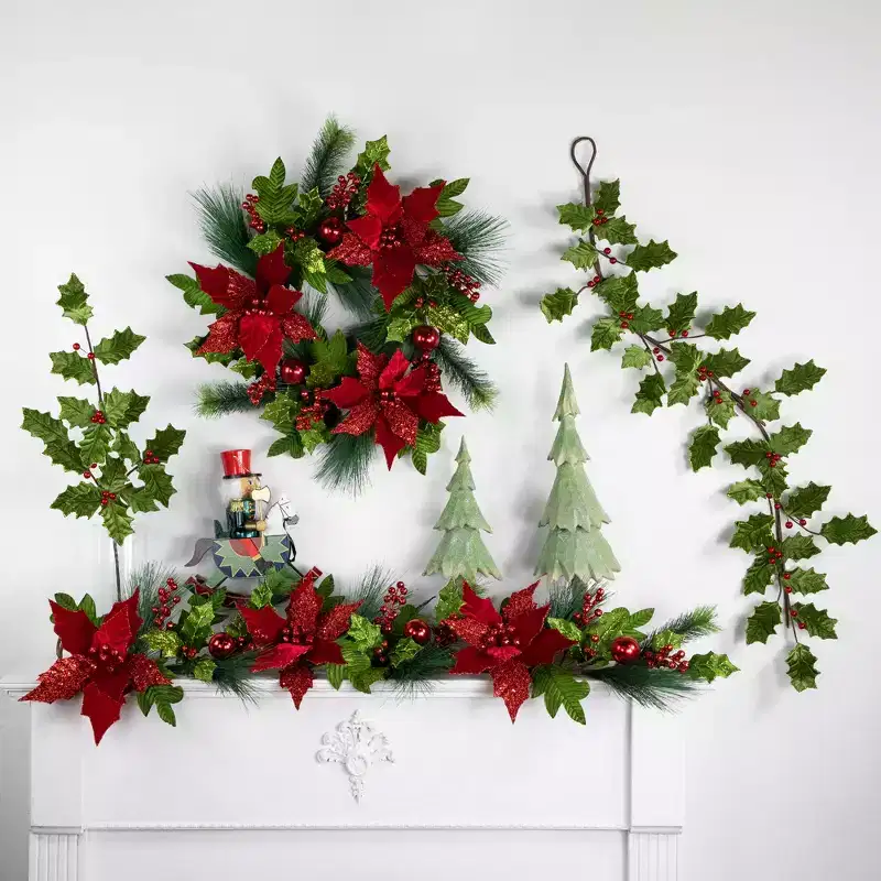 Northlight 48 Glittered Red Poinsettia and Long Pine Christmas Swag, Unlit