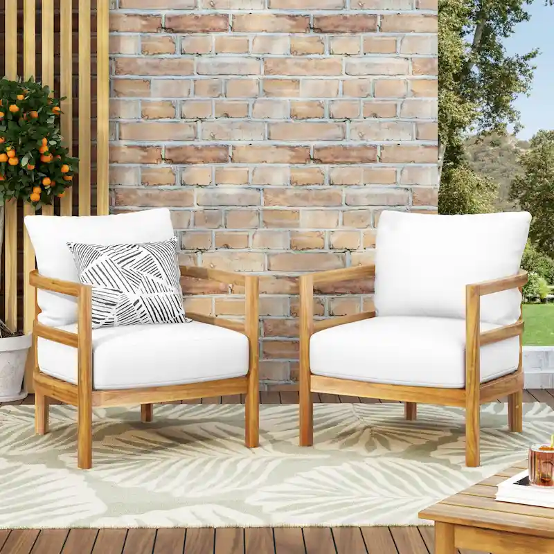 Roomfitters Set of 2 Acacia Wood Patio Club Chairs with Waterproof Cushions, Deep Seating for Outdoor Use, Teak+Beige