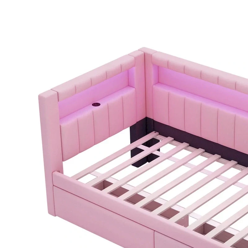 Lit plateforme rembourré avec ports USB et éclairage LED - Cadre de lit double/simple avec 2 tiroirs de rangement - Chambre moderne