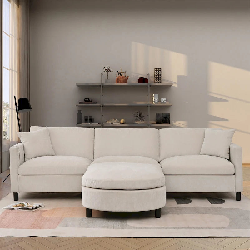 Beige 107.87 Spacious 4-Seater Sofa with Movable Ottoman, Removable Cushions, and Convenient Armrest Storage