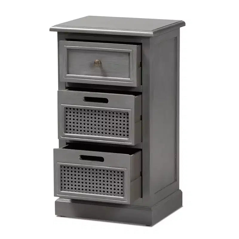 Sheldon Vintage Wood and Synthetic Rattan 3 Drawer Nightstand Gray - Baxton Studio