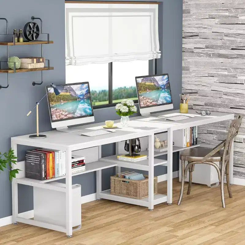 Lantine Two Person Desk with Bookshelf, 78.7 Computer Office Double Desk, Writing Desk Workstation with Shelf for Home Office