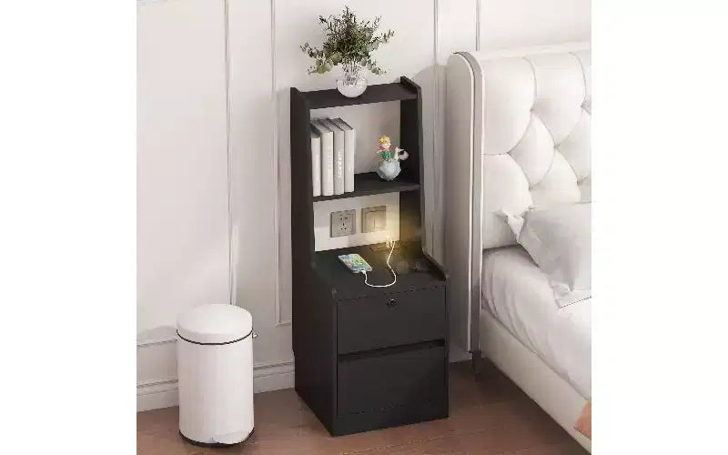 TUYOHW Tall Storage Nightstand with Night Light & Charging Station, Side Table with Bookshelf, Modern Bedside Tables with Storage Cabinet for Bedroom