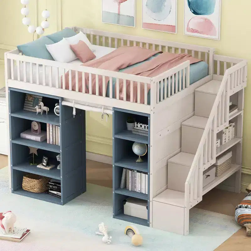 Whisen Full Size Loft Bed with Storage Cabinets & Curtain - White and Blue