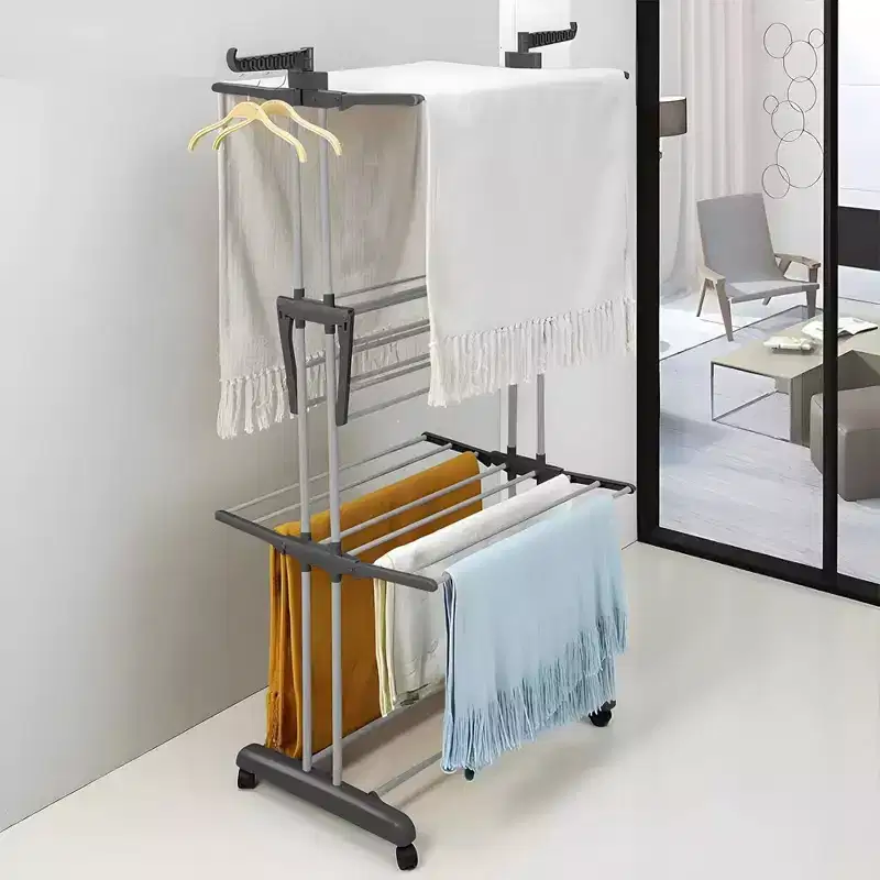NAYSAYE 4 Tier Foldable Clothes Hanger Coat Rack Stainless Steel Drying Rack with Hooks and Wheels for Laundry Bedroom Living Room, 30*19.7*67.7