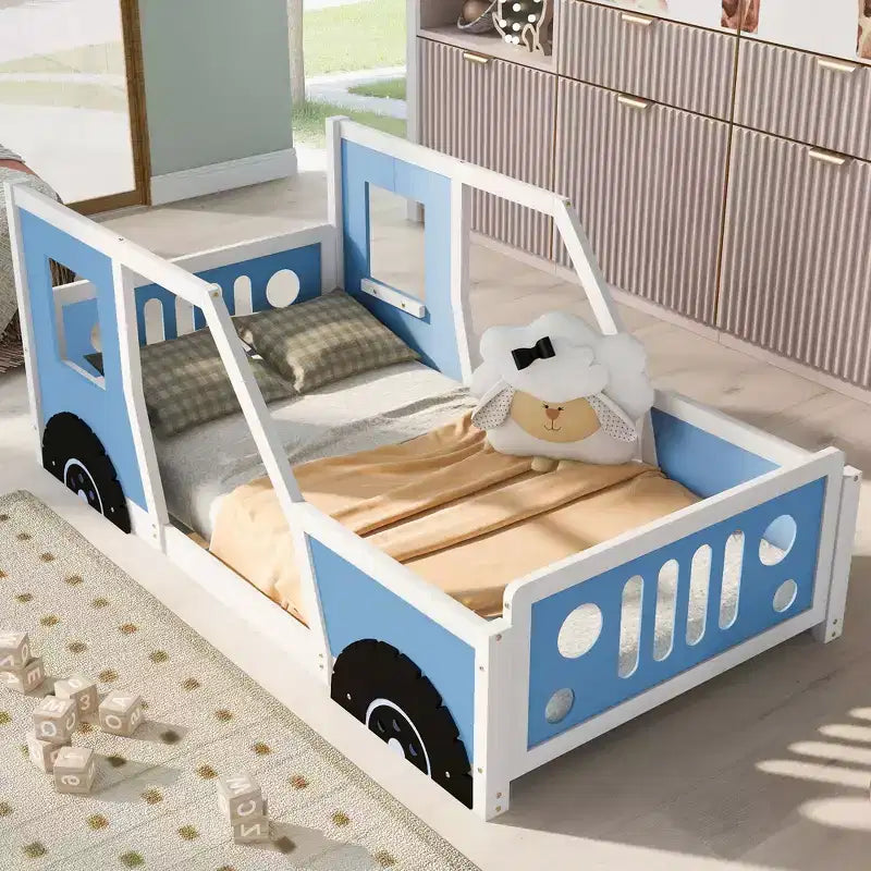 Twin/Full Platform Bed Frame with Wheels - Classic Car-Shaped Kids Bed with Rails, White