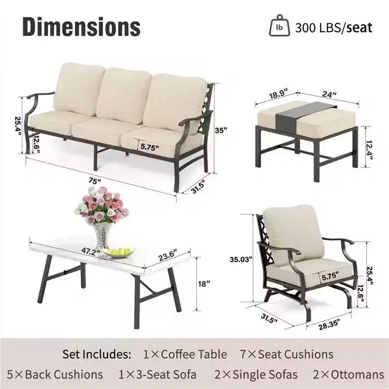 Captiva Designs 6pc Metal Patio Outdoor Conversation Set with Rocking Grid-back Chairs, Ottomans and Coffee Table