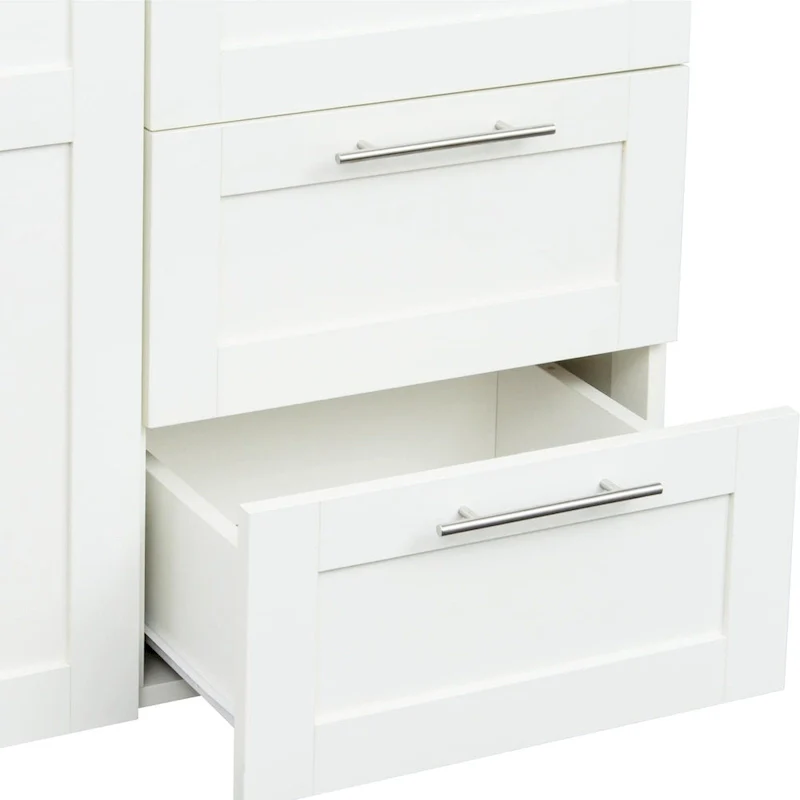 Armoire-penderie en bois blanc avec portes, tiroirs et tringle.