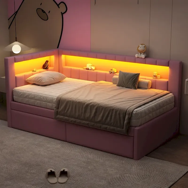 Lit plateforme rembourré avec ports USB et éclairage LED - Cadre de lit double/simple avec 2 tiroirs de rangement - Chambre moderne