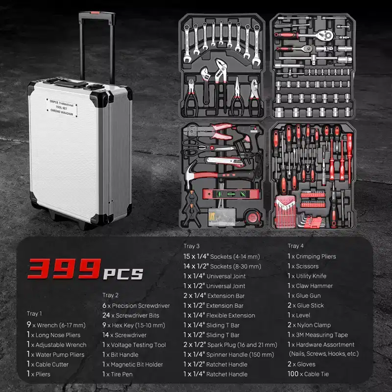 399-Piece Home Tool Set with Rolling Toolbox - Heavy-Duty Household Tool Kit for Repair