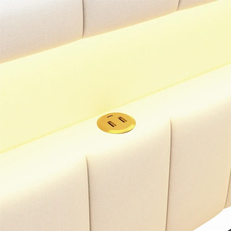 Lit plateforme rembourré avec ports USB et éclairage LED - Cadre de lit double/simple avec 2 tiroirs de rangement - Chambre moderne