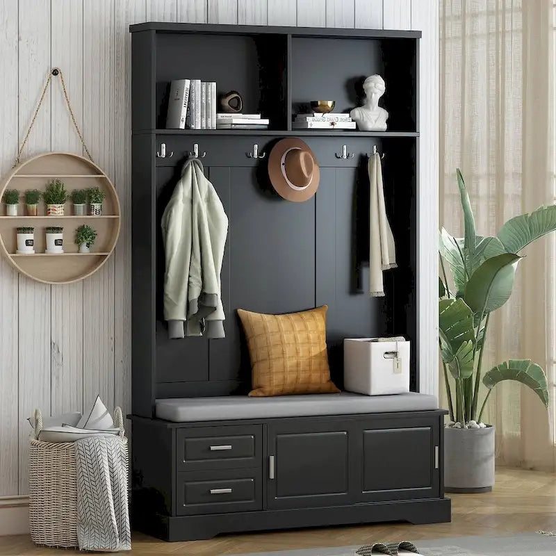 Hall Tree with Sliding Door, Cushioned Bench & Silver Handles